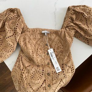 NWT Ganni Eyelet Off Shoulder Tan Blouse Sz 36/S